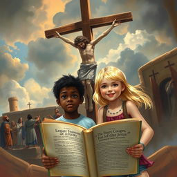 Two young siblings, a black boy and his blonde sister wearing shorts, embark on a time-traveling adventure through a magical book