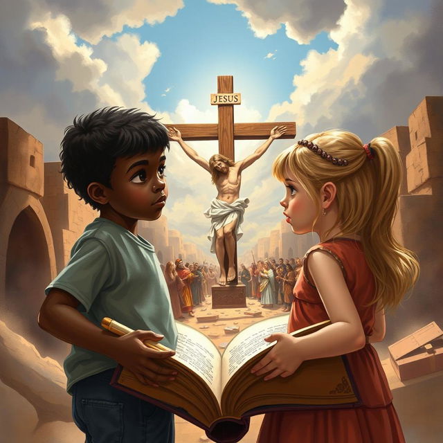 Two young siblings, a black boy and his blonde sister wearing shorts, embark on a time-traveling adventure through a magical book