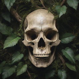 An intriguing artwork featuring a prehistoric dinosaur skull entwined with jungle plants and vines