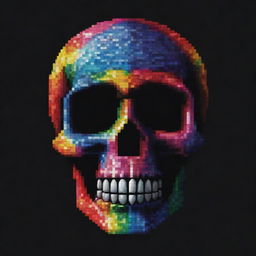 A vibrant and detailed pixel art representation of a crystal skull, shimmering with all the colors of the rainbow against a contrasting, dark pixelated background