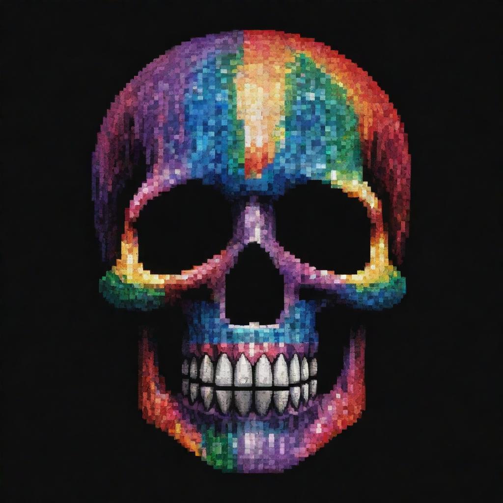 A vibrant and detailed pixel art representation of a crystal skull, shimmering with all the colors of the rainbow against a contrasting, dark pixelated background