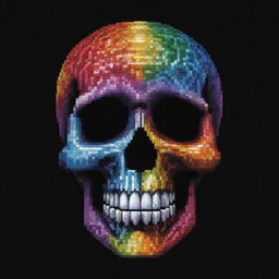 A vibrant and detailed pixel art representation of a crystal skull, shimmering with all the colors of the rainbow against a contrasting, dark pixelated background