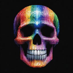 A vibrant and detailed pixel art representation of a crystal skull, shimmering with all the colors of the rainbow against a contrasting, dark pixelated background