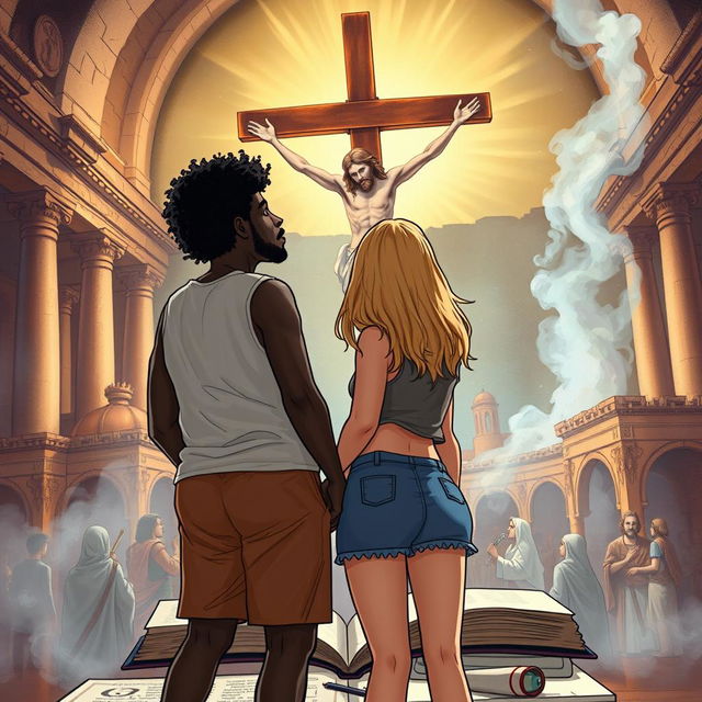 Two adult siblings, a black man and his blonde sister wearing shorts, embark on a time-traveling journey through a magical book