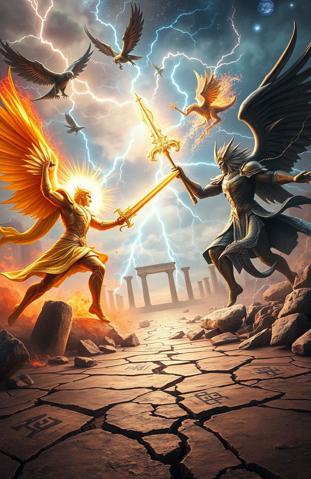 An epic scene depicting a colossal battle between demigods in a mystical landscape