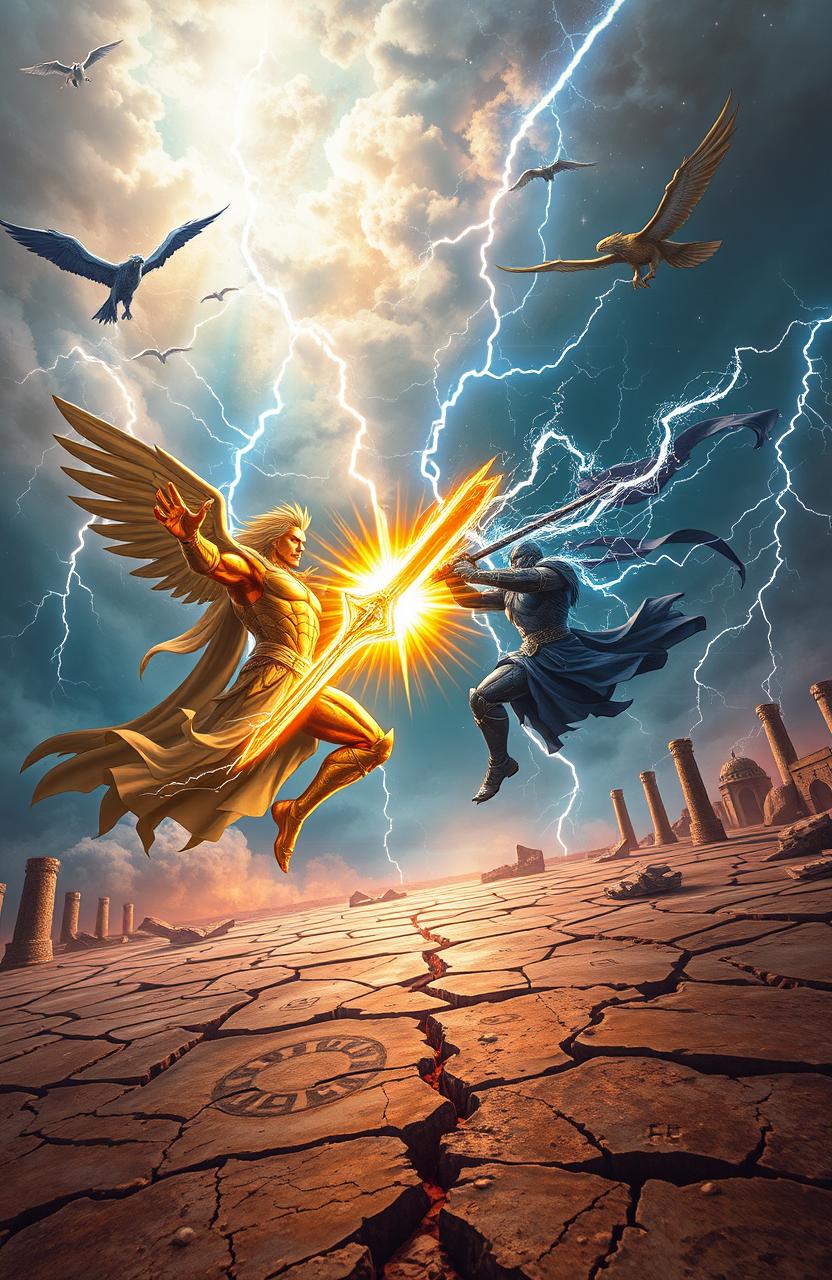 An epic scene depicting a colossal battle between demigods in a mystical landscape