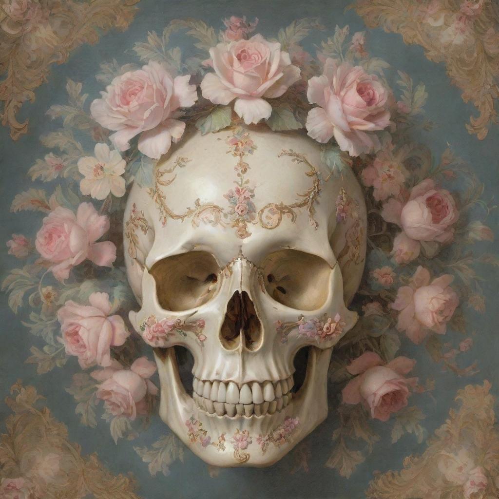 A highly intricate Rococo period artwork depicting a lavishly decorated skull adorned with delicate floral motifs and elegant scrolls