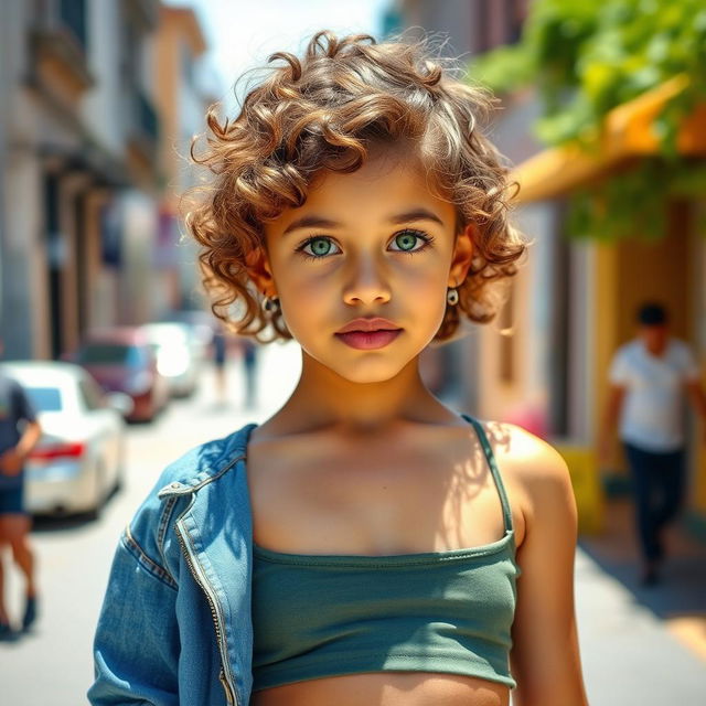 A young Mexican girl with short curly light brown hair, big green eyes, and light tan skin, standing confidently