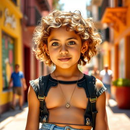 A young Mexican girl with short curly light brown hair, big green eyes, and light tan skin, standing confidently