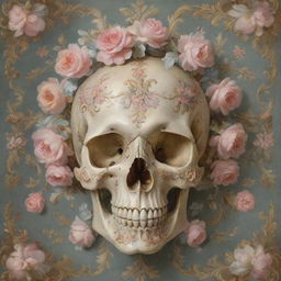 A highly intricate Rococo period artwork depicting a lavishly decorated skull adorned with delicate floral motifs and elegant scrolls