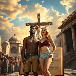 Two adult siblings, a black man and his blonde sister wearing shorts, embark on an exciting time-travel journey through a magical book