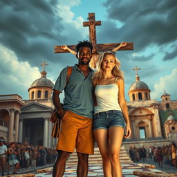 Two adult siblings, a black man and his blonde sister wearing shorts, embark on an exciting time-travel journey through a magical book
