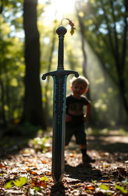 A mystical sword, intricately designed with ornate carvings along the blade and hilt, resting upright in a tranquil forest setting