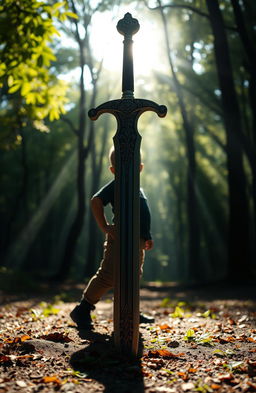 A mystical sword, intricately designed with ornate carvings along the blade and hilt, resting upright in a tranquil forest setting