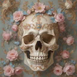 A highly intricate Rococo period artwork depicting a lavishly decorated skull adorned with delicate floral motifs and elegant scrolls