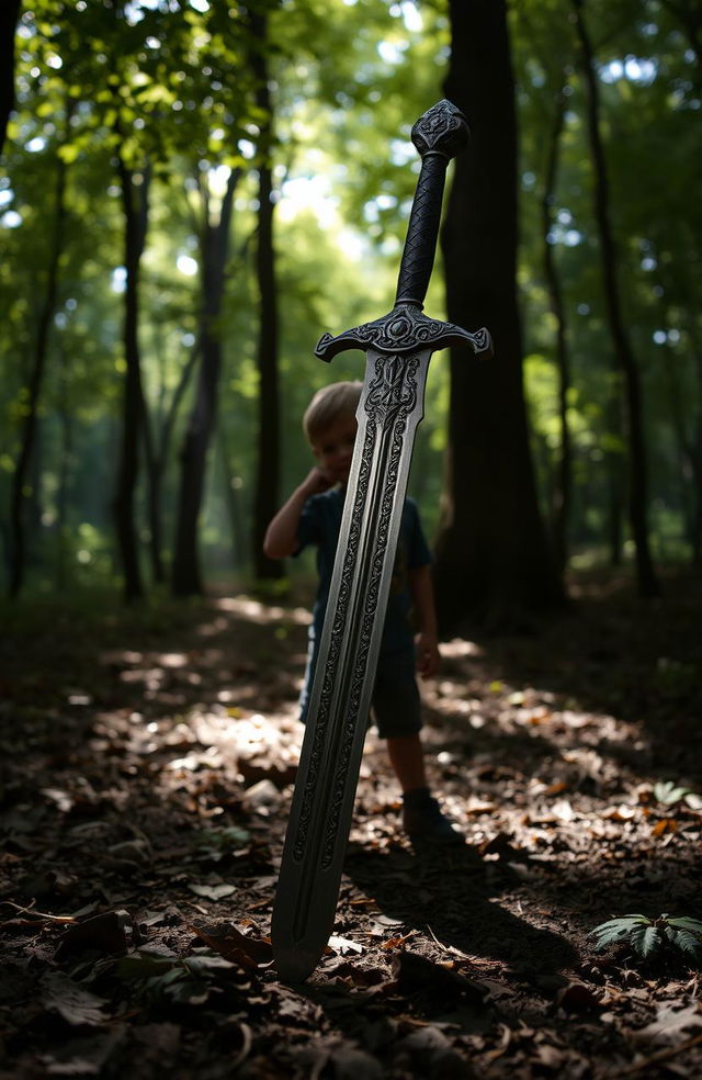 A mystical sword, intricately designed with ornate carvings along the blade and hilt, resting upright in a tranquil forest setting