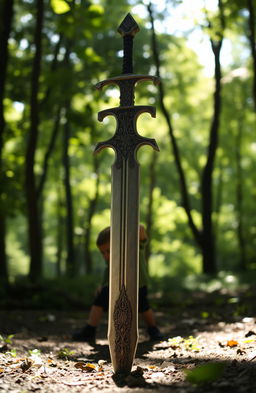 A mystical sword, intricately designed with ornate carvings along the blade and hilt, resting upright in a tranquil forest setting
