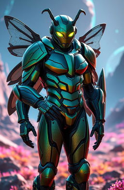A futuristic bio-boosted armor suit inspired by the design of a beetle, featuring sleek, segmented armor plates that mimic a beetle's exoskeleton