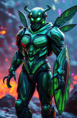 A futuristic bio-boosted armor suit inspired by the design of a beetle, featuring sleek, segmented armor plates that mimic a beetle's exoskeleton