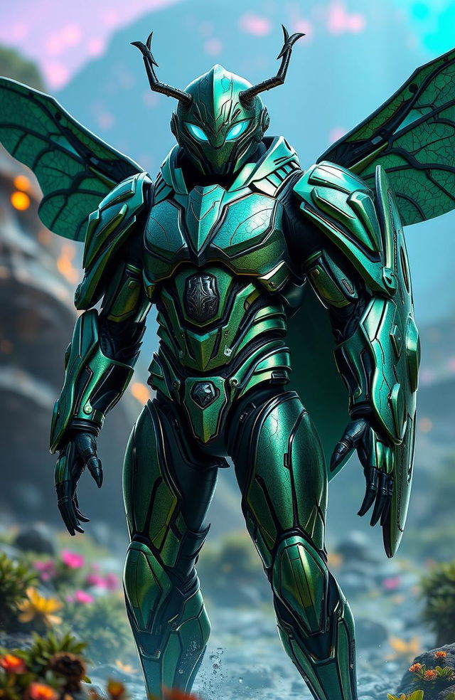 A futuristic bio-boosted armor suit inspired by the design of a beetle, featuring sleek, segmented armor plates that mimic a beetle's exoskeleton