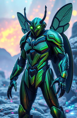 A futuristic bio-boosted armor suit inspired by the design of a beetle, featuring sleek, segmented armor plates that mimic a beetle's exoskeleton