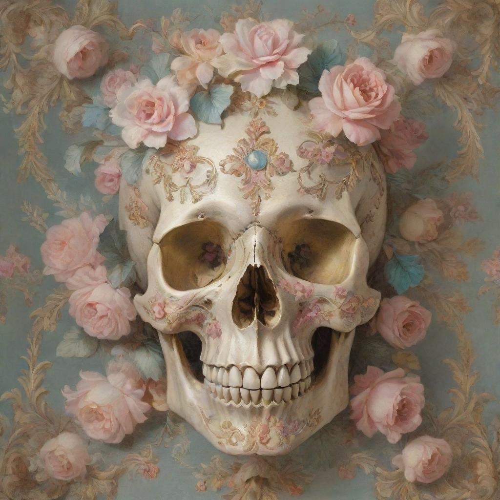 A highly intricate Rococo period artwork depicting a lavishly decorated skull adorned with delicate floral motifs and elegant scrolls