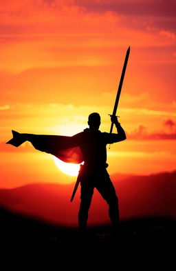 A dramatic silhouette of a man holding a sword against a vivid sunset backdrop, casting a strong and bold shadow on the ground