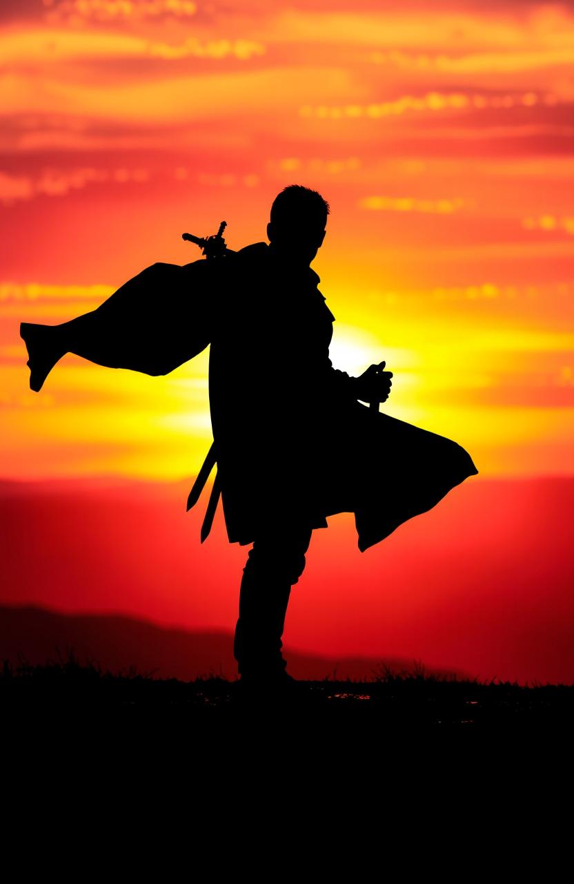 A dramatic silhouette of a man holding a sword against a vivid sunset backdrop, casting a strong and bold shadow on the ground