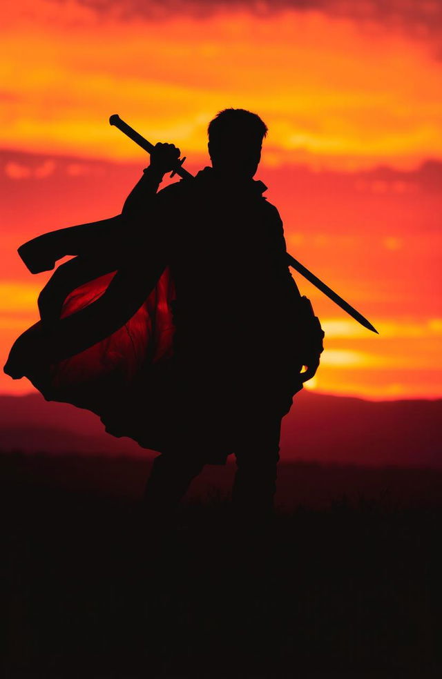 A dramatic silhouette of a man holding a sword against a vivid sunset backdrop, casting a strong and bold shadow on the ground