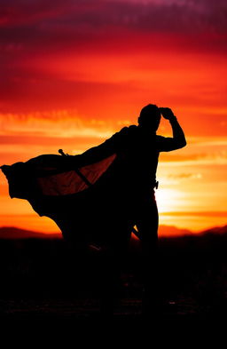 A dramatic silhouette of a man holding a sword against a vivid sunset backdrop, casting a strong and bold shadow on the ground