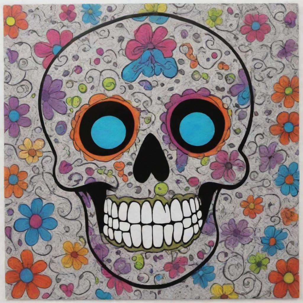 A charming Sharpie art piece depicting a cute, cartoonish skull, adorned with playful doodles and vibrant colors