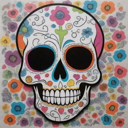 A charming Sharpie art piece depicting a cute, cartoonish skull, adorned with playful doodles and vibrant colors