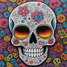 A charming Sharpie art piece depicting a cute, cartoonish skull, adorned with playful doodles and vibrant colors