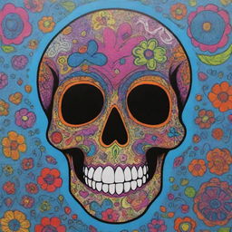 A charming Sharpie art piece depicting a cute, cartoonish skull, adorned with playful doodles and vibrant colors