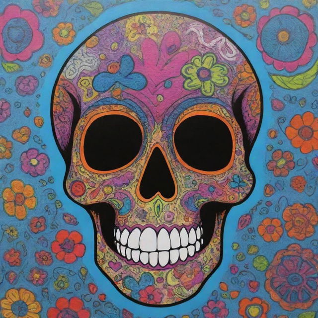 A charming Sharpie art piece depicting a cute, cartoonish skull, adorned with playful doodles and vibrant colors