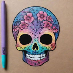 An enchanting Sharpie art piece encapsulating a cute anime-style skull