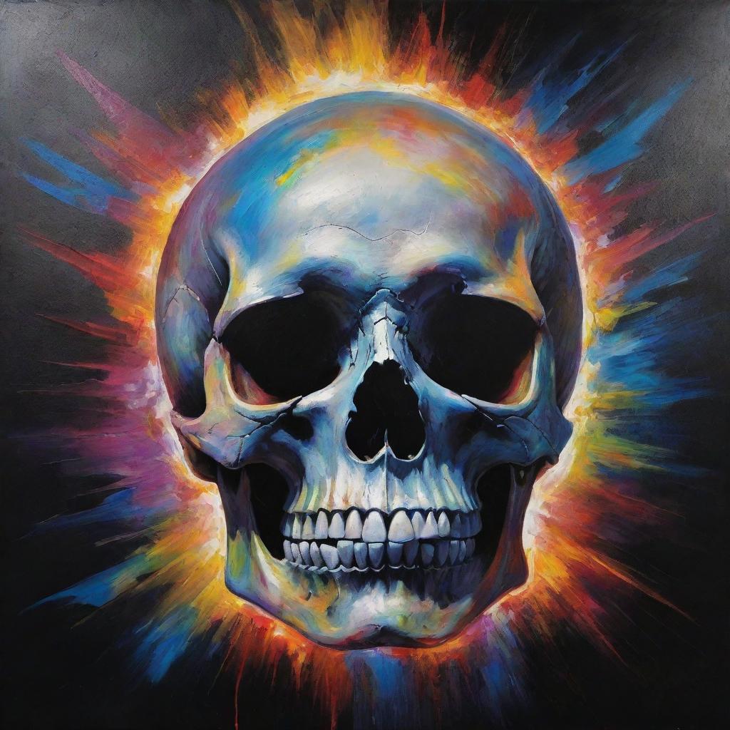 A dynamic painting depicting a skull transcending from darkness into light, colors blurring and merging to create a sense of vibrant life from the stillness of the skull