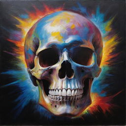 A dynamic painting depicting a skull transcending from darkness into light, colors blurring and merging to create a sense of vibrant life from the stillness of the skull