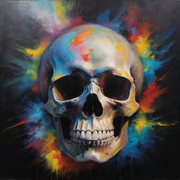 A dynamic painting depicting a skull transcending from darkness into light, colors blurring and merging to create a sense of vibrant life from the stillness of the skull