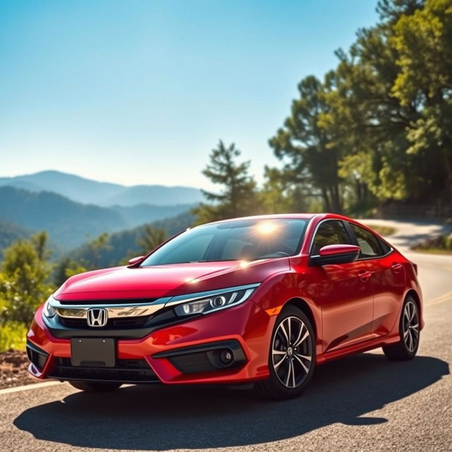 A sleek and stylish Honda car parked on a scenic mountain road, surrounded by lush green trees and a clear blue sky