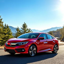 A sleek and stylish Honda car parked on a scenic mountain road, surrounded by lush green trees and a clear blue sky