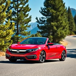 A sleek and stylish Honda car parked on a scenic mountain road, surrounded by lush green trees and a clear blue sky