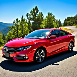 A sleek and stylish Honda car parked on a scenic mountain road, surrounded by lush green trees and a clear blue sky