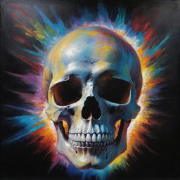 A dynamic painting depicting a skull transcending from darkness into light, colors blurring and merging to create a sense of vibrant life from the stillness of the skull