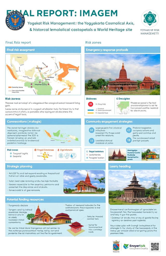 A comprehensive final report on disaster risk management for the Yogyakarta Cosmological Axis and its historical landmarks as a World Heritage site, featuring detailed maps, diagrams, and strategic planning elements