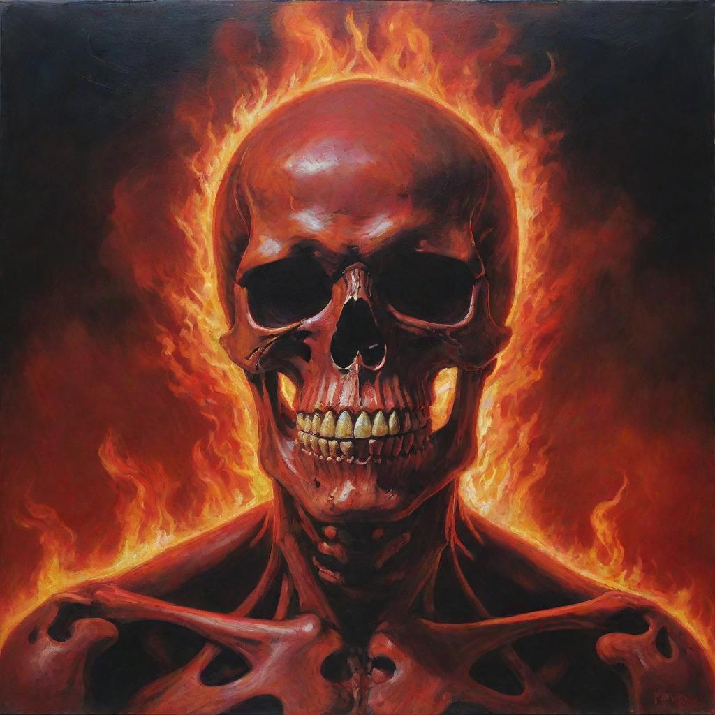 A hauntingly beautiful painting featuring a skeletal red skull amidst a fiery backdrop