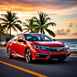 A sleek and sporty red Honda Civic parked on a scenic coastal road, with the ocean in the background and a vibrant sunset illuminating the sky
