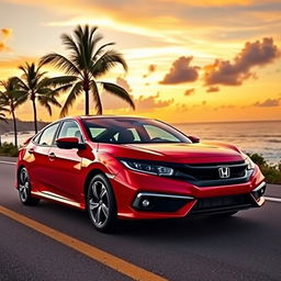 A sleek and sporty red Honda Civic parked on a scenic coastal road, with the ocean in the background and a vibrant sunset illuminating the sky