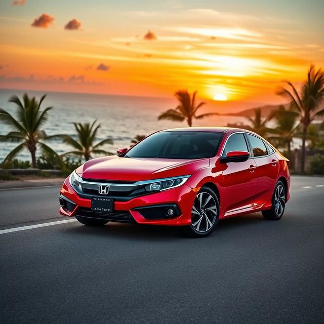 A sleek and sporty red Honda Civic parked on a scenic coastal road, with the ocean in the background and a vibrant sunset illuminating the sky