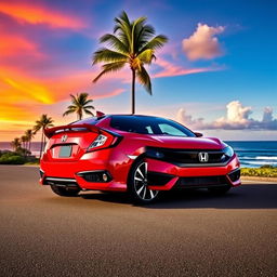 A sleek and sporty red Honda Civic parked on a scenic coastal road, with the ocean in the background and a vibrant sunset illuminating the sky